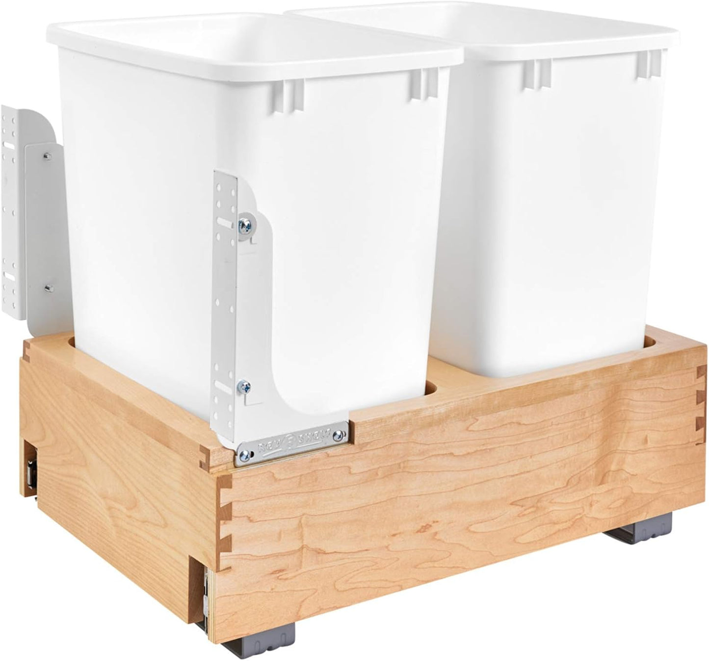 Rev-A-Shelf Double 35 Qt Wood Bottom Mount Pullout Under Cabinet Trash Can Waste Container with Full Extension Ball Bearings, Maple Wood, 4WC-18DM2