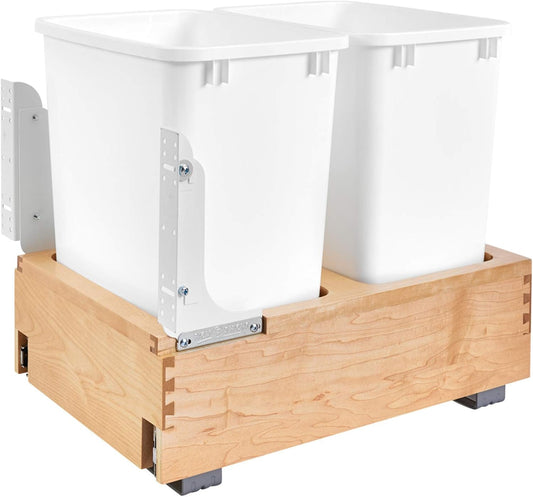 Rev-A-Shelf Double 35 Qt Wood Bottom Mount Pullout Under Cabinet Trash Can Waste Container with Full Extension Ball Bearings, Maple Wood, 4WC-18DM2