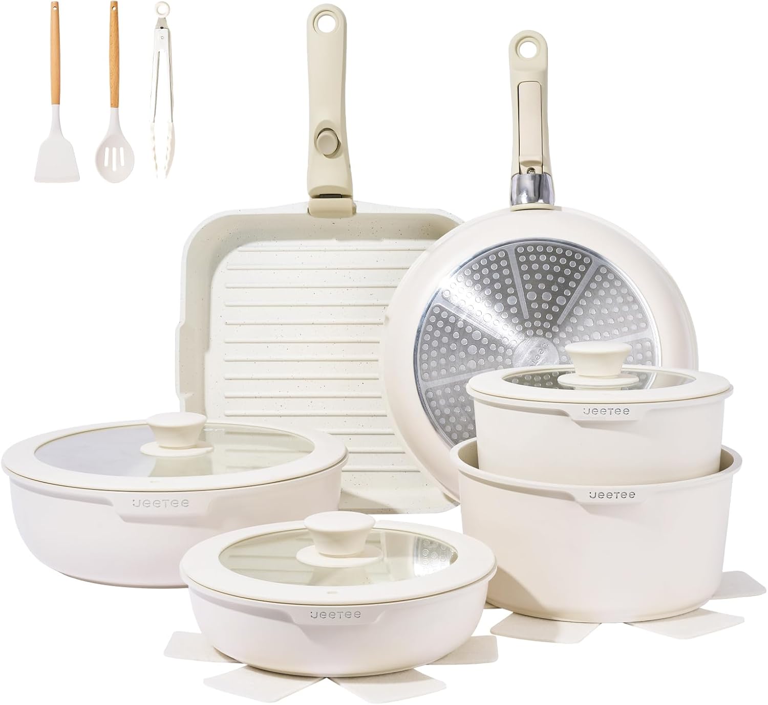 JEETEE Nonstick Pots and Pans Set with Removable\/Detackable Handle (Beige, 25 Pieces)