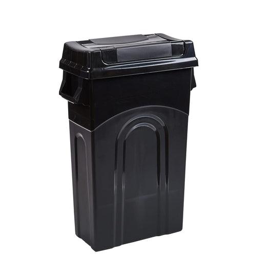 United Solutions Highboy Waste Container with Swing Lid, 23 Gallon, Space Saving Slim Profile and Easy Bag Removal, Handles for Easy Carrying, Indoor\/Outdoor Use, Black, 1-Pack.