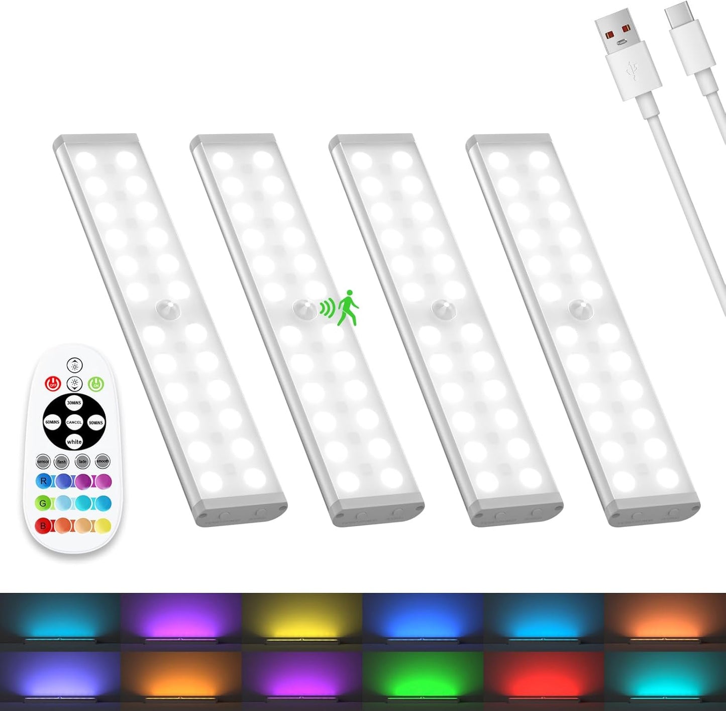 Haigvel Under Cabinet Lights Wireless, 58-LED Rechargeable Motion Sensor Closet Lights with Remote Control, RGB Color Changing Under Counter Lights for Kitchen, Pantry, Bedroom, Stairs, 4 Pack