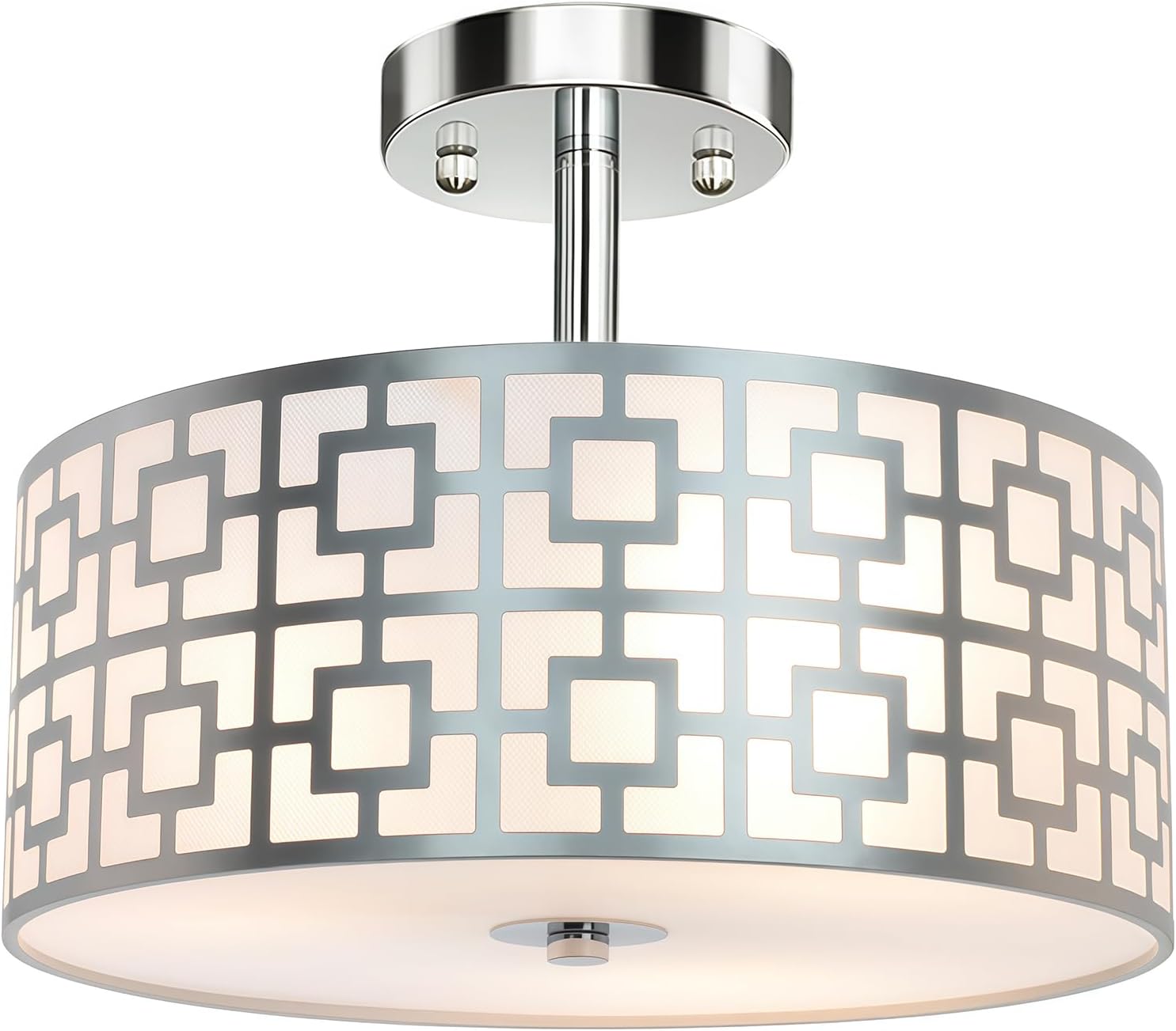 DLLT Flush Mount Ceiling Light: Modern 3-Light Brushed Nickel Kitchen Light Fixture - Drum Lighting Fixture for Dining Room - Silver Bedroom Ceiling Lamp with Double Shade