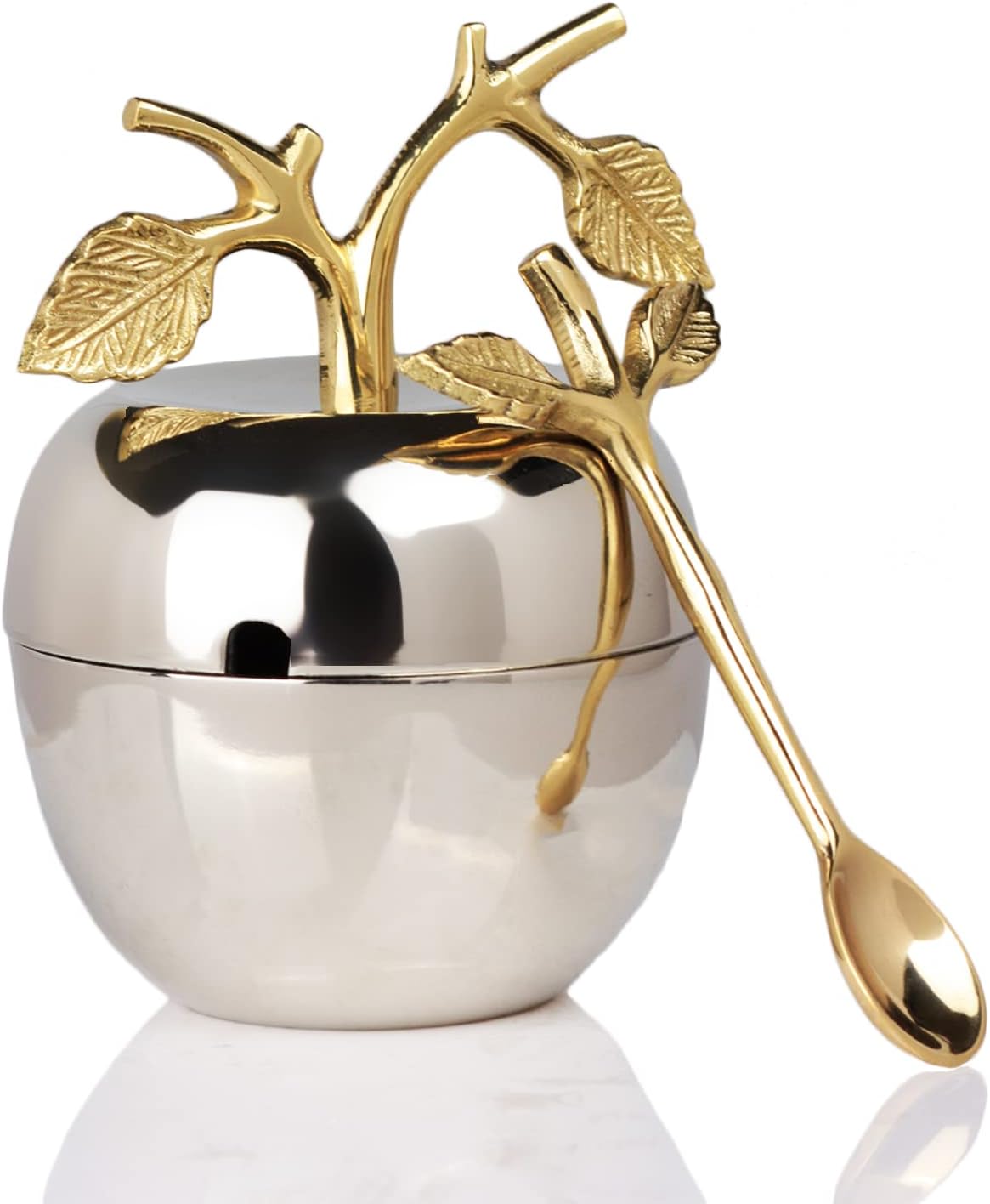 Silver Honey Jar Dish, Apple & Leaf Honey, Jam Server with Dipper Spoon Ideal for Serving Honey, Jams, Jellies, Gorgeous Gold Leaf Spoon, Stainless Steel & Brass, Everyday Rosh Hashanah & any Occasion