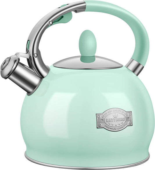 RETTBERG Tea Kettles Stovetop, 2.64 Quart Induction Whistling Tea Kettles Food Grade Stainless Steel Teapots with Cool Touch Handle Mint Green