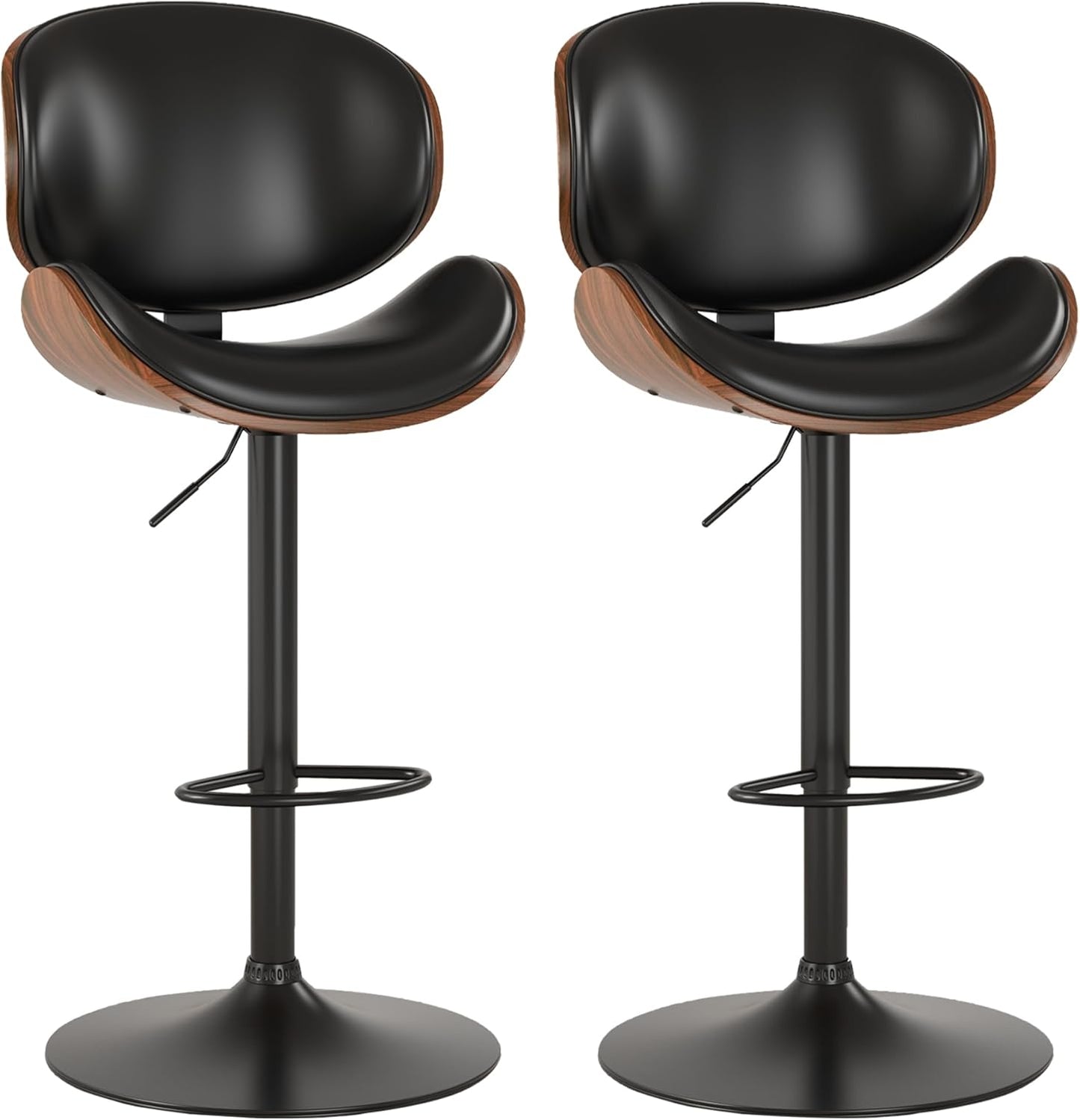 KCC Bar Stools Set of 2, Swivel Adjustable Height Barstools, PU Leather Upholstered Bar Chairs with Footrest, Bentwood Bar Stool for Kitchen, Bar, Dining Room(Black PU)