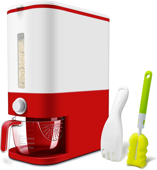 Lenwi 22-25 Lbs Rice Dispenser, Large Cereal Dry Food Storage Containers with Measuring Cup, BPA-Free Household for Kitchen Pantry Organization-Red