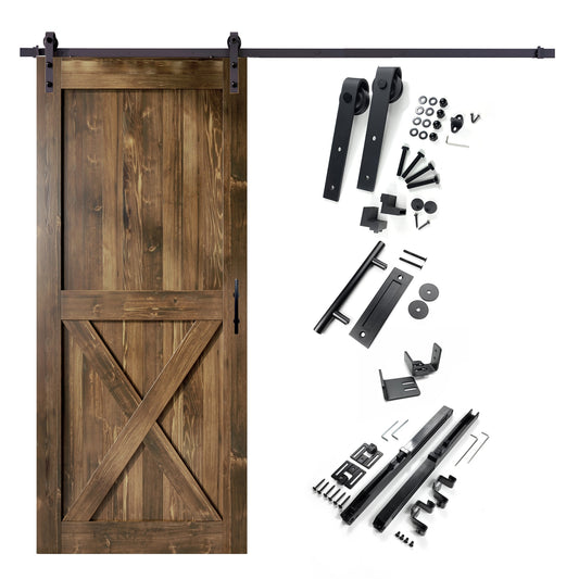 HOMACER 42-in x 84-in Walnut X-frame Pine Wood Solid core Single Barn Door (Hardware Included)