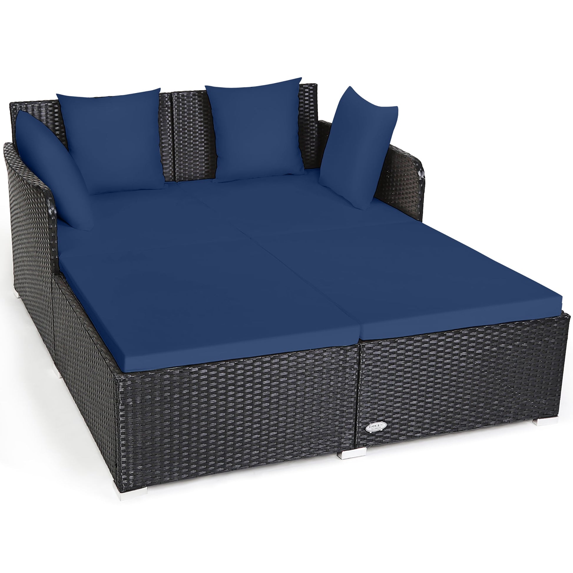 Costway Rattan Outdoor Daybed with Blue Cushions and Rattan Frame