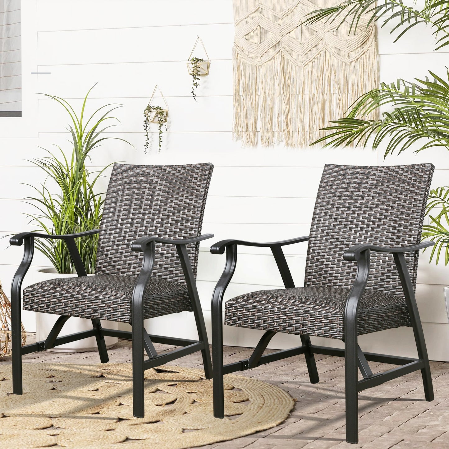 PEAK HOME FURNISHINGS Set of 2 Wicker Black Metal Frame Conversation Chair with Woven Seat