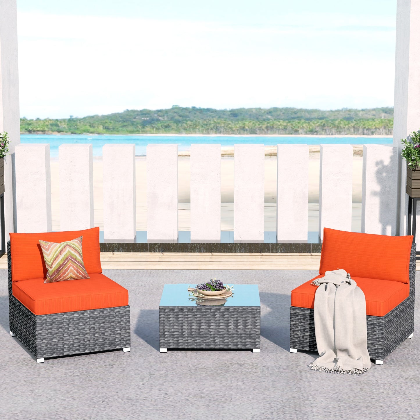 Pouuin Set of 2 Wicker Gray Wicker Frame Stationary Conversation Chair with Red Cushioned Seat