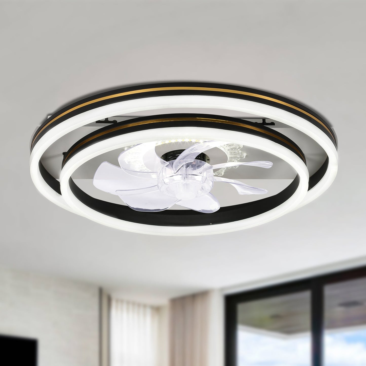 Bella Depot Bella 19-in Black with Clear Blades Color-changing Integrated LED Indoor Flush Mount Smart Ceiling Fan with Light and Remote (7-Blade) DC2004