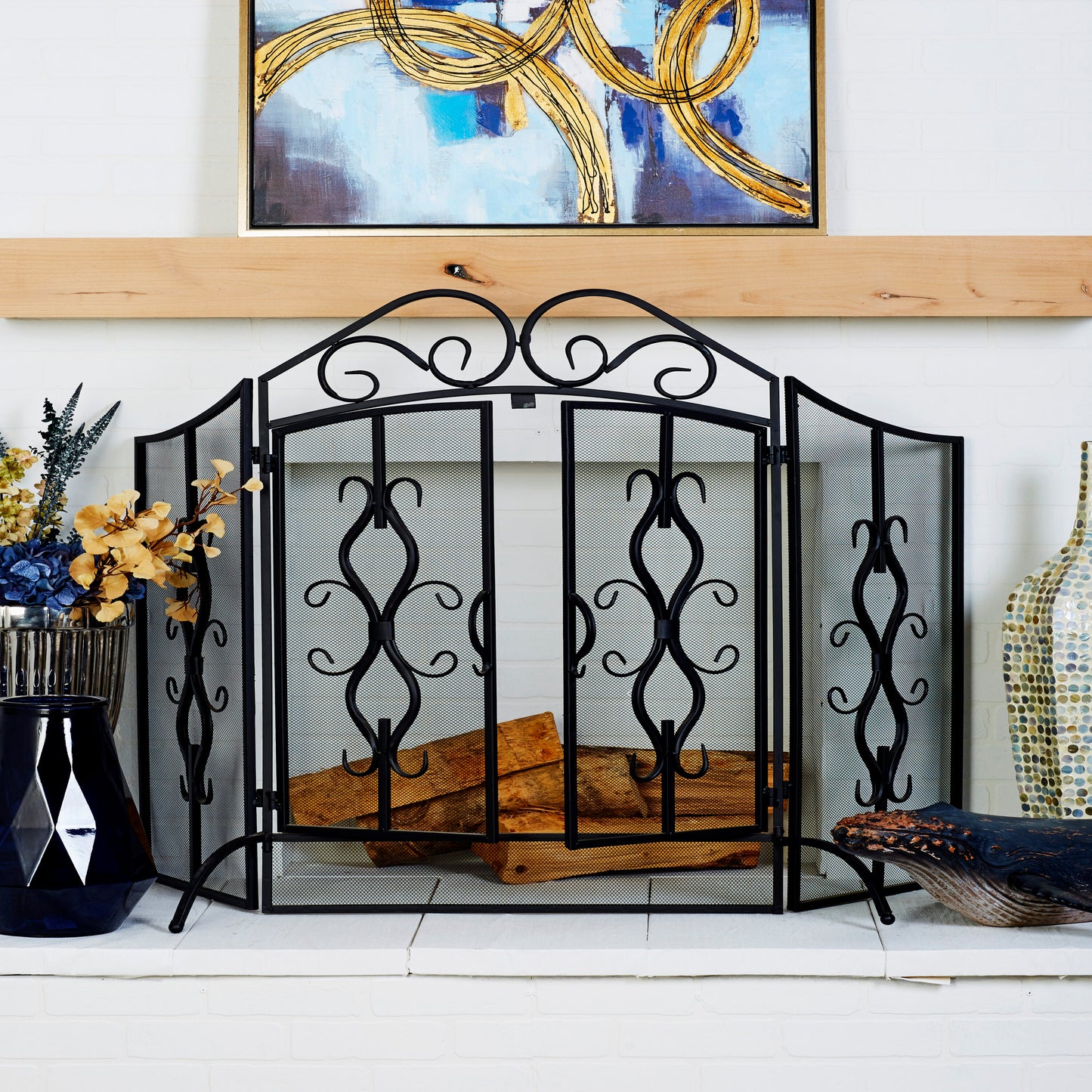 Grayson Lane 60-in Gray Iron 3-Panel Arched Bi-fold Fireplace Screen 63348