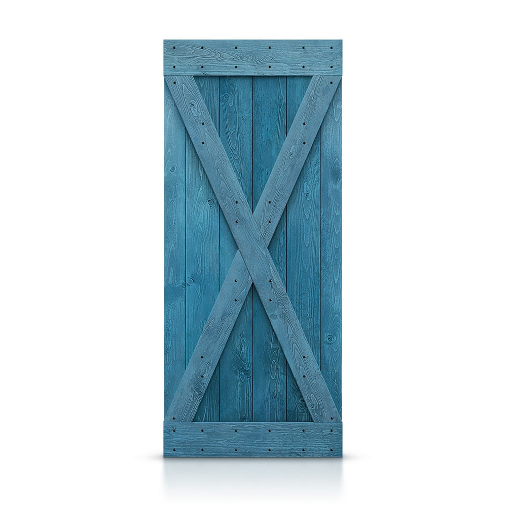 CALHOME 38-in x 84-in Ocean blue X-frame Pine Wood Solid core Single Barn Door (Hardware Not Included)