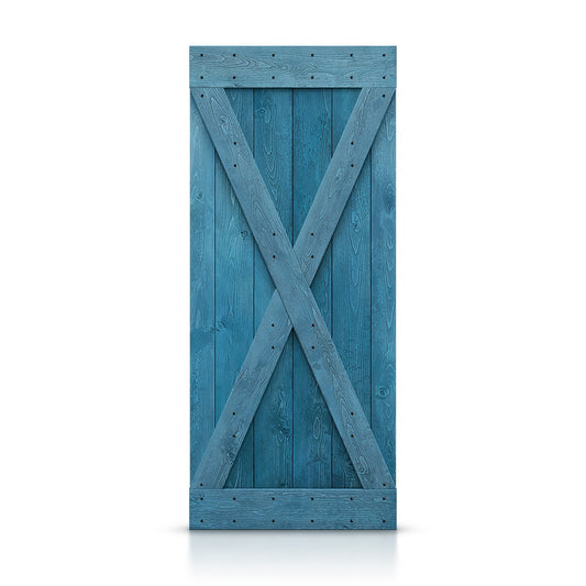 CALHOME 38-in x 84-in Ocean blue X-frame Pine Wood Solid core Single Barn Door (Hardware Not Included)