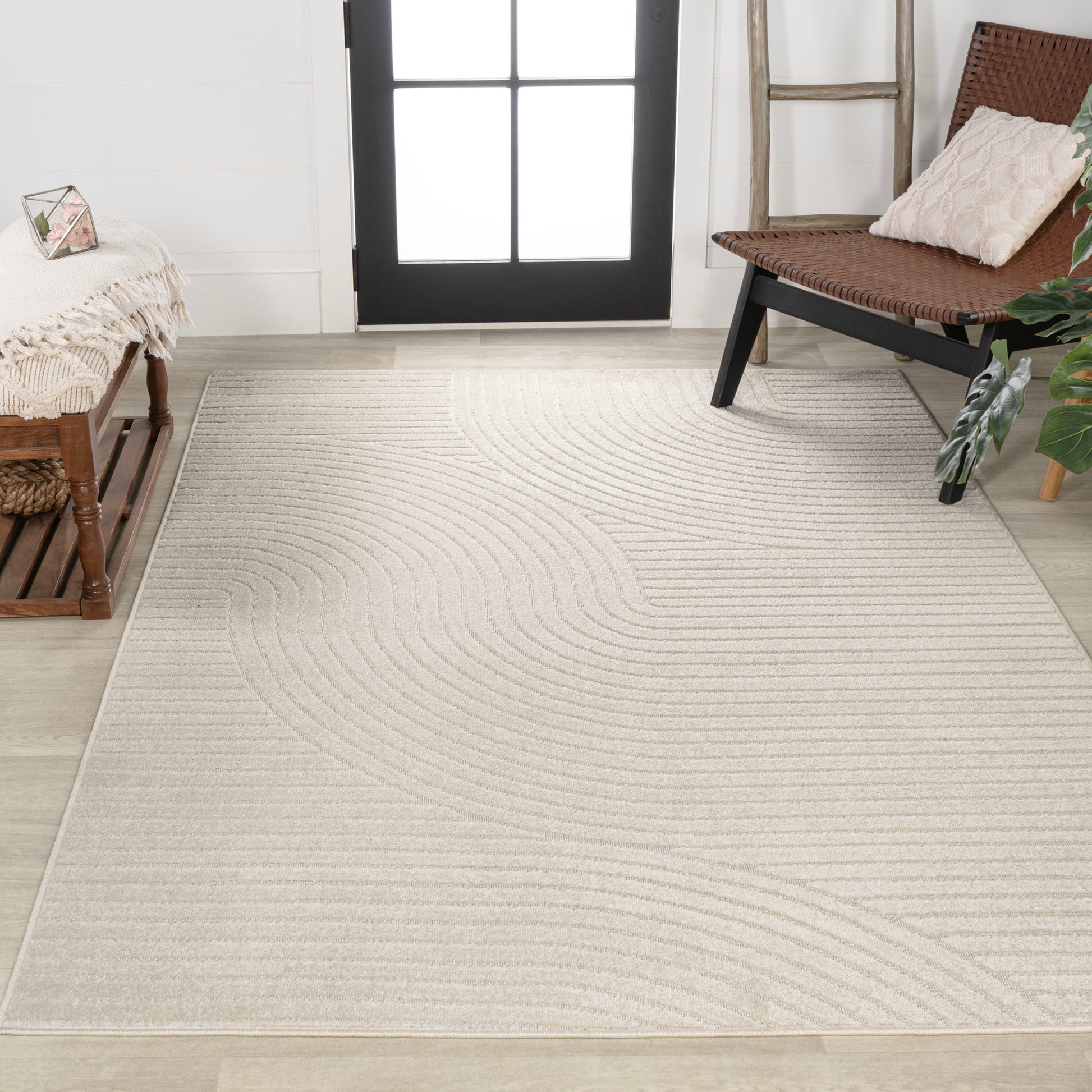 JONATHAN  Y SCANDINAVIAN Hallie High-Low Minimalist Curve 10 x 14 (ft) Loomed Ivory/Cream Rectangular Indoor/Outdoor Geometric Mid-Century Modern Pet Friendly Area rug