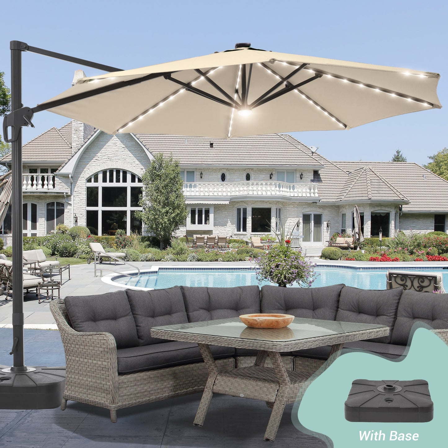 ACEGOSES 11-ft Aluminum Tan No-tilt Cantilever Patio Umbrella with Lights with Base