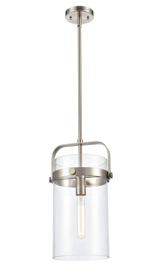 Innovations Lighting Pilaster 1 -Light Brushed Satin Nickel Industrial Clear glass Cylinder Medium Hanging Pendant light