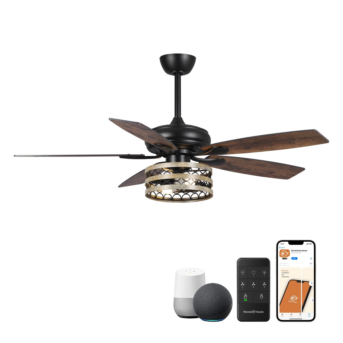 Parrot Uncle Smart Fan 52-in Matte Black with Brown Blades LED Indoor Smart Ceiling Fan with Light and Remote (5-Blade) F6319-SMART