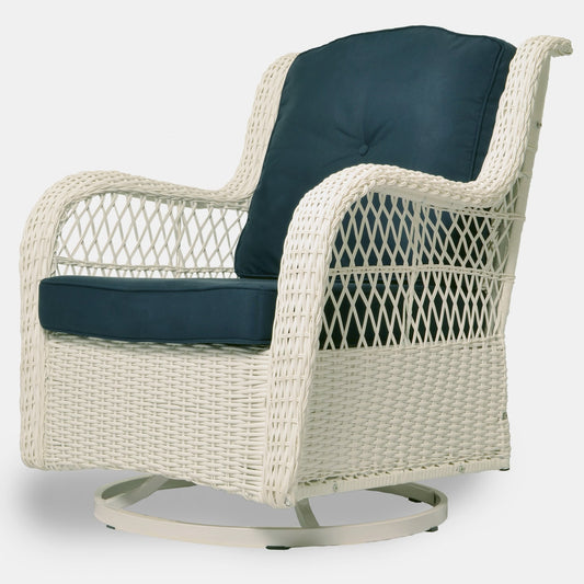 Tortuga Outdoor Rio Vista Wicker White Resin Frame Swivel glider Conversation Chair with Blue Woven Seat