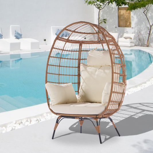 Forclover Outdoor Lounge Chair Egg Chair Rattan Brown Steel Frame Stationary Egg Chair with Off-white Cushioned Seat