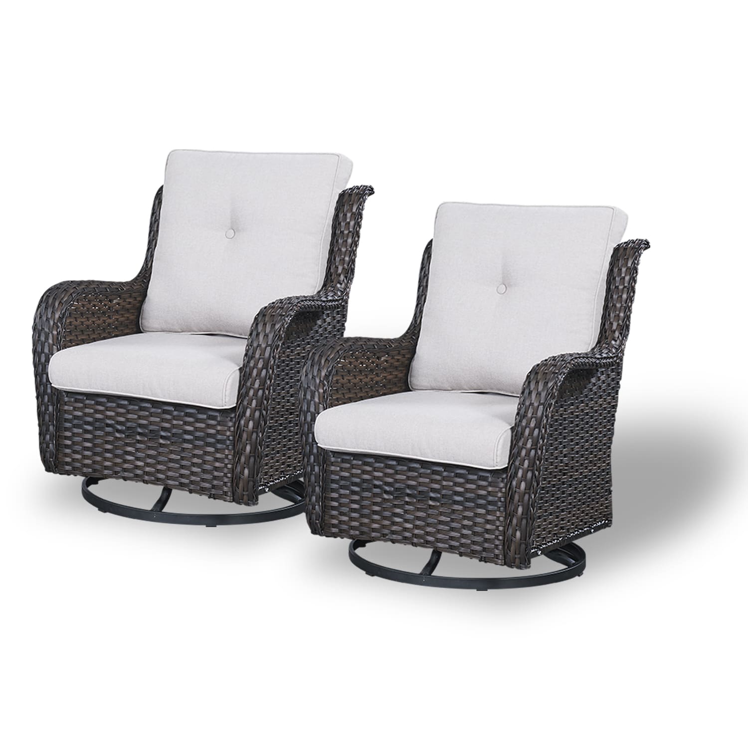 Rilyson Curved handrail Set of 2 Wicker Brown Wicker Frame Swivel glider Rocking Chair with Bronze Beige Cushioned Seat