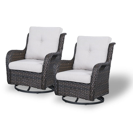 Rilyson Curved handrail Set of 2 Wicker Brown Wicker Frame Swivel glider Rocking Chair with Bronze Beige Cushioned Seat