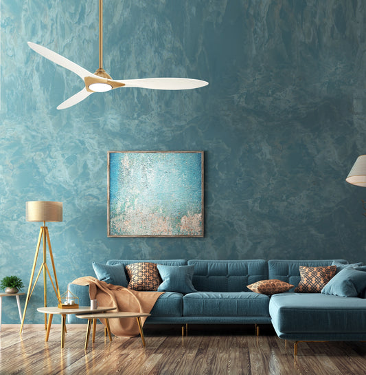 Minka Aire Sleek 60-in Soft Brass with Flat White Blades Integrated LED Indoor Smart Propeller Ceiling Fan with Light and Remote (3-Blade) F868L-SBR/WHF