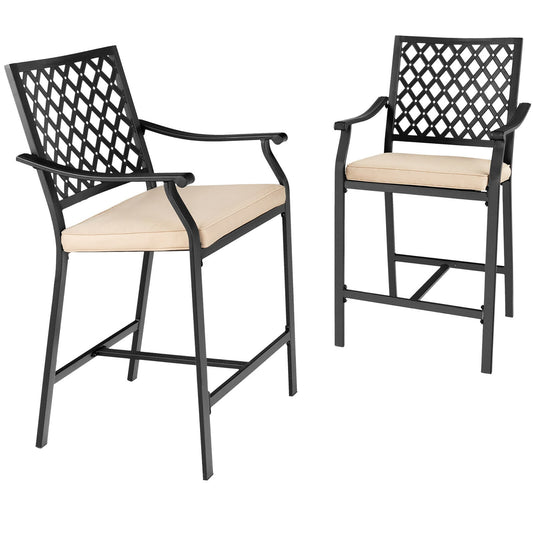 BABOOM Patio Bar Stool Set of 2 Black Steel Frame Stationary Bar Stool Chair with Brown Cushioned Seat