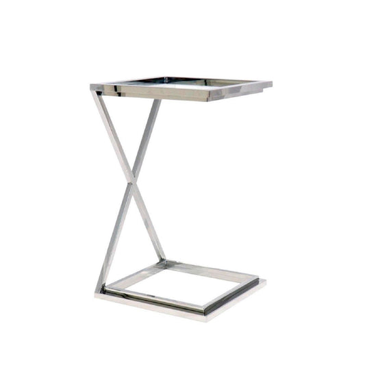 Pasargad Home Decked out in a chic finish, the angled metal base is striking from every angle. The coylin square end table is topped off with a clear glass top with steel edging for a completely modern look