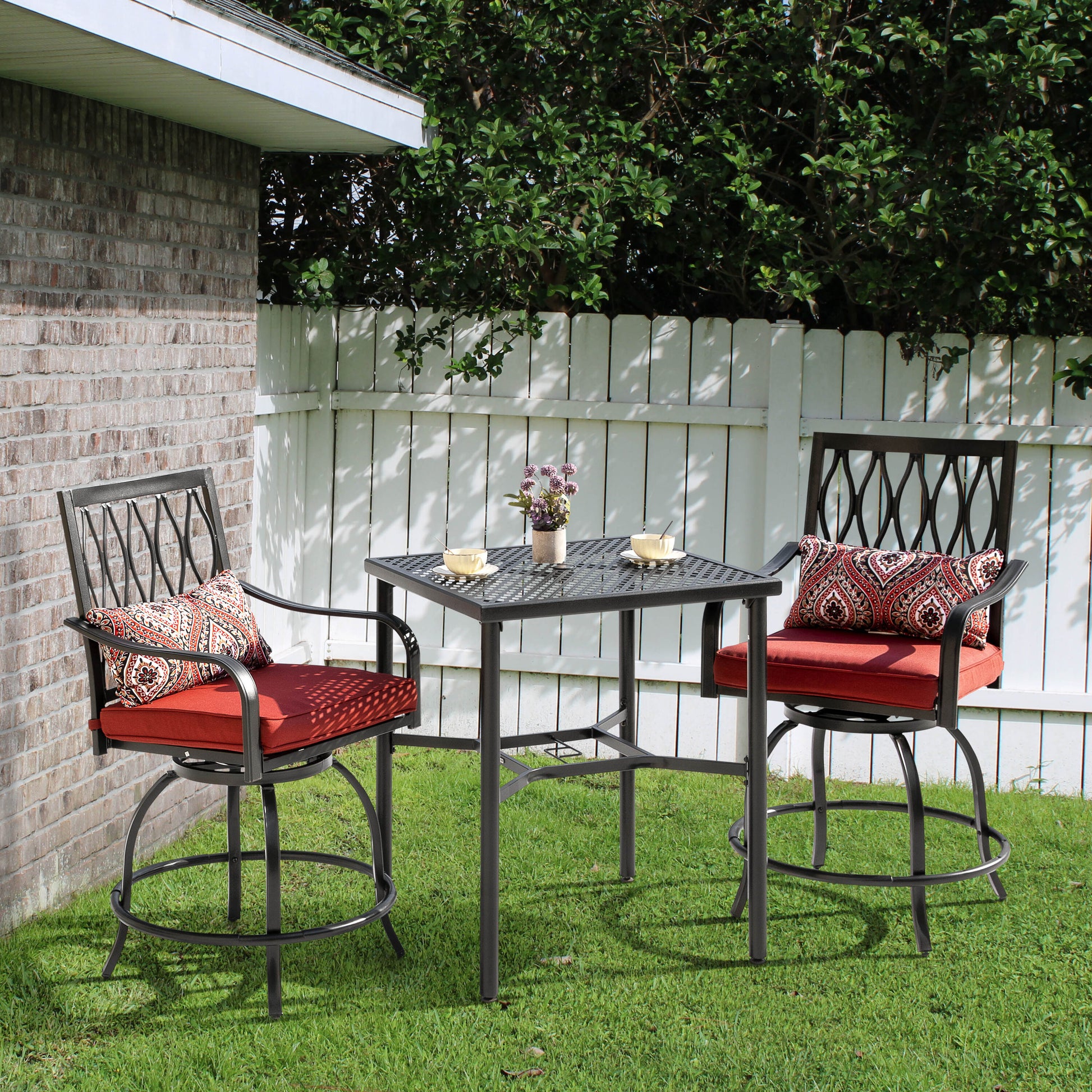 Nuu Garden 5 -Piece Black Bar Height Patio Dining Set Iron Square Table with 2 Red Cushions Swivel Chairs