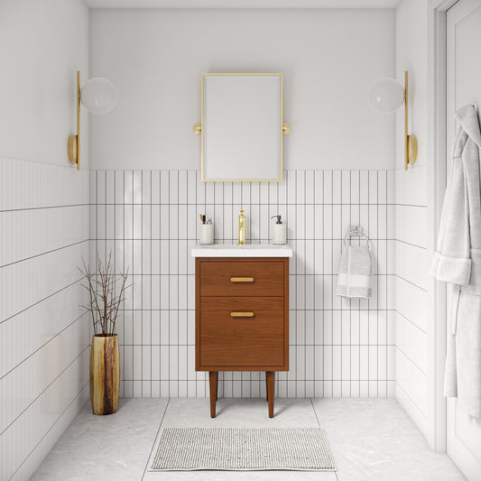 Water Creation Brandy 20-in Honey Walnut Single Sink Bathroom Vanity with White Ceramic Top (Faucet Included)