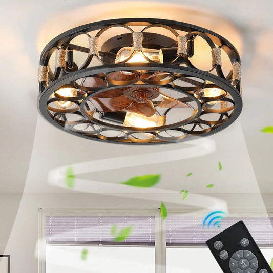 Oaks Decor Pavia 20-in Black Color-changing Indoor Flush Mount Smart Fandelier Ceiling Fan with Light and Remote (7-Blade) L6007