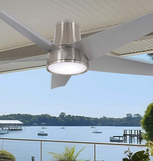 Minka Aire Chubby II 58-in Brushed Nickel Wet with Silver Blades Integrated LED Indoor/Outdoor Flush Mount Smart Ceiling Fan with Light and Remote (5-Blade) F782L-BNW