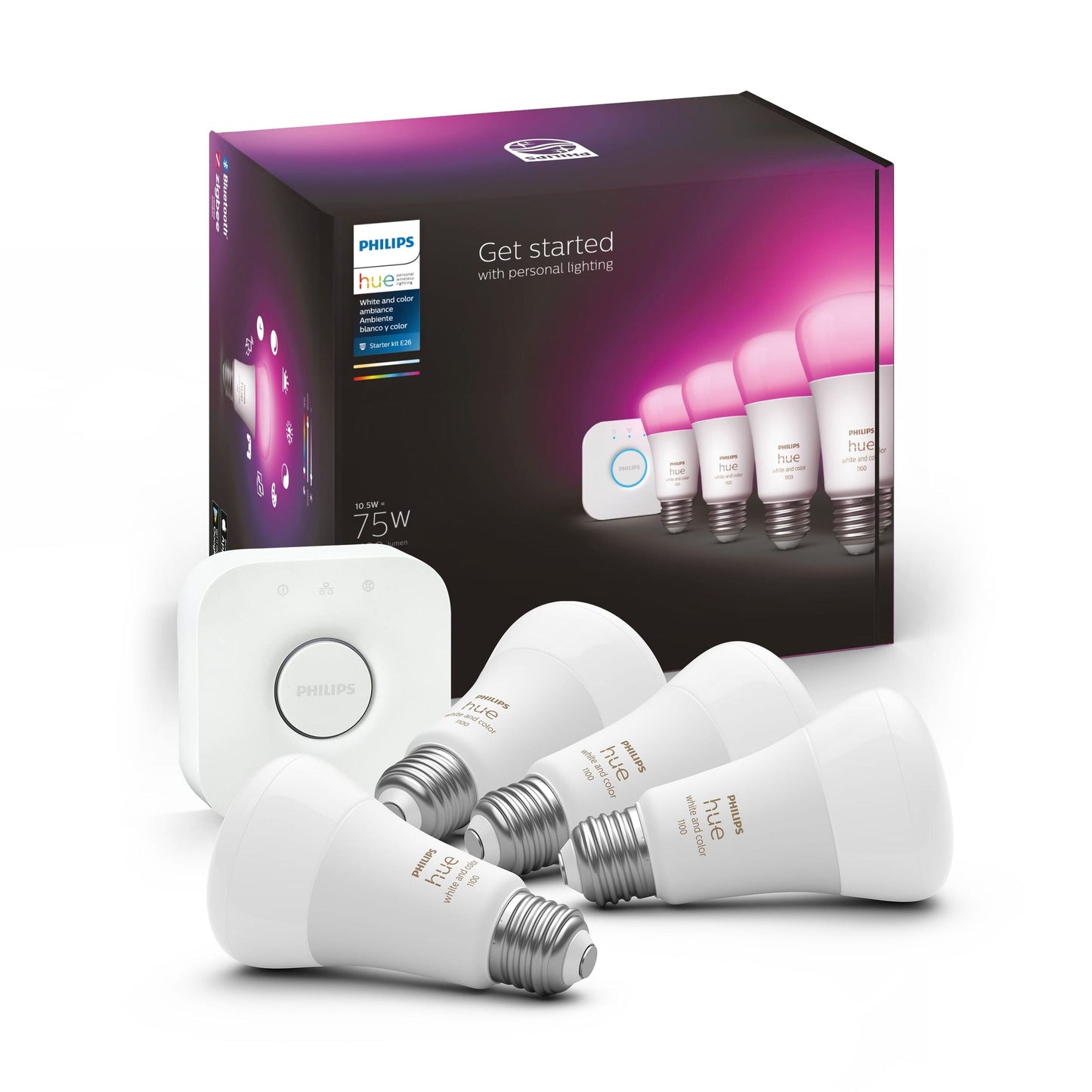 Philips Hue Starter Kit 75-Watt EQ A19 Color-changing E26 Dimmable Smart LED General Purpose Light Bulb (4-Pack) 563296