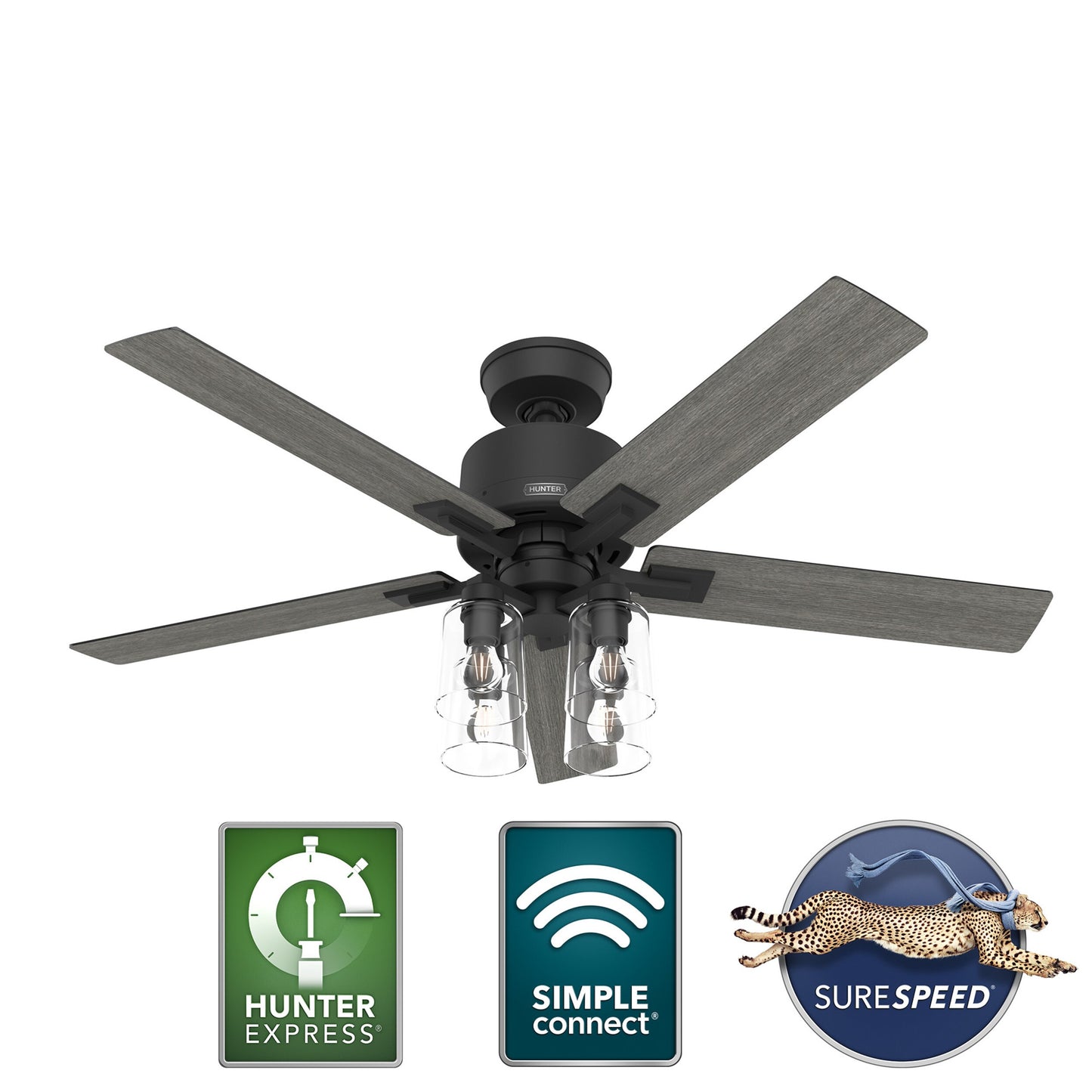Hunter Techne HunterExpress Easy Install 52-in Smart Matte Black with Wood Look Blades Ceiling Fan With Light - Remote Included ( 5 -Blade ) 5456572