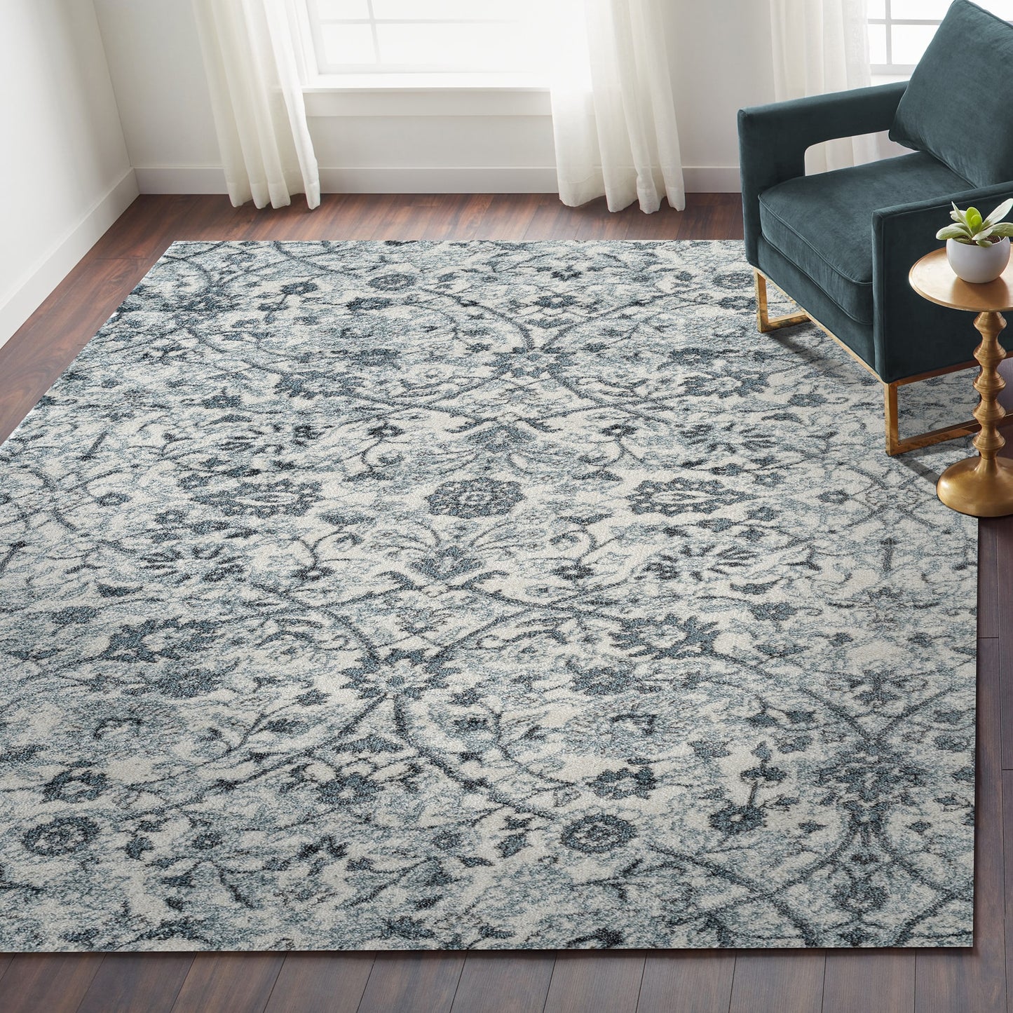 AMER Alexandria 8 x 10 (ft) Loomed Light Blue Rectangular Indoor Floral/Botanical Area rug