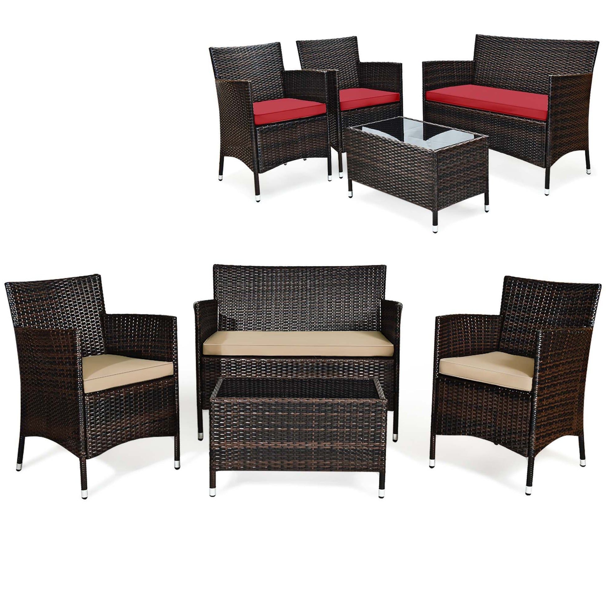Costway 4 -Piece Rattan 2 Patio Sofa Conversation Set with Red Cushions
