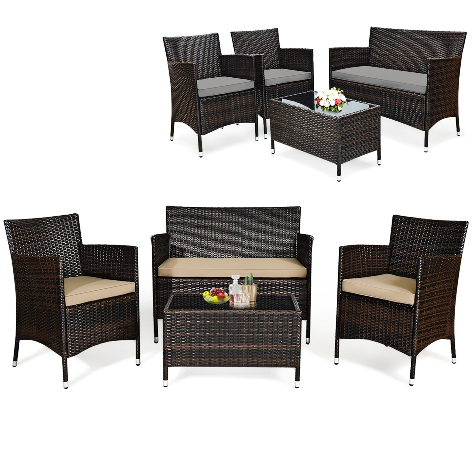 Costway 4-Piece Rattan 2 Patio Sofa Conversation Set with Gray Cushions