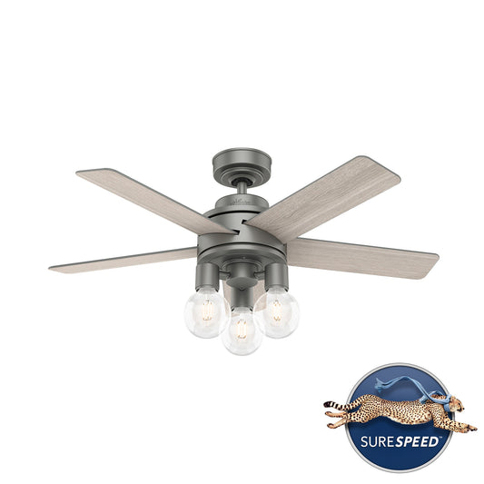 Hunter Hardwick 44-in Matte Silver with Light Gray Oak Blades Ceiling Fan With Light - Remote Included ( 5 -Blade ) 2366470