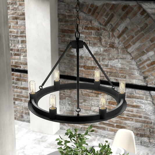Hunter Saddlewood 6 -Light Matte Black Transitional For Use in Bedrooms, Dining Rooms, Foyers, Kitchens, Living Rooms Chandelier