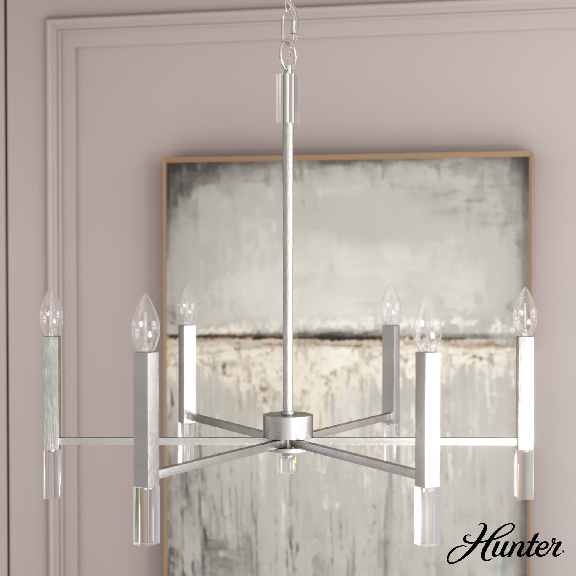 Hunter Sunjai 6 -Light Brushed Nickel Modern/contemporary Bare bulb For Use in Bedrooms, Dining Rooms, Foyers, Kitchens, Living Rooms Chandelier 5228388