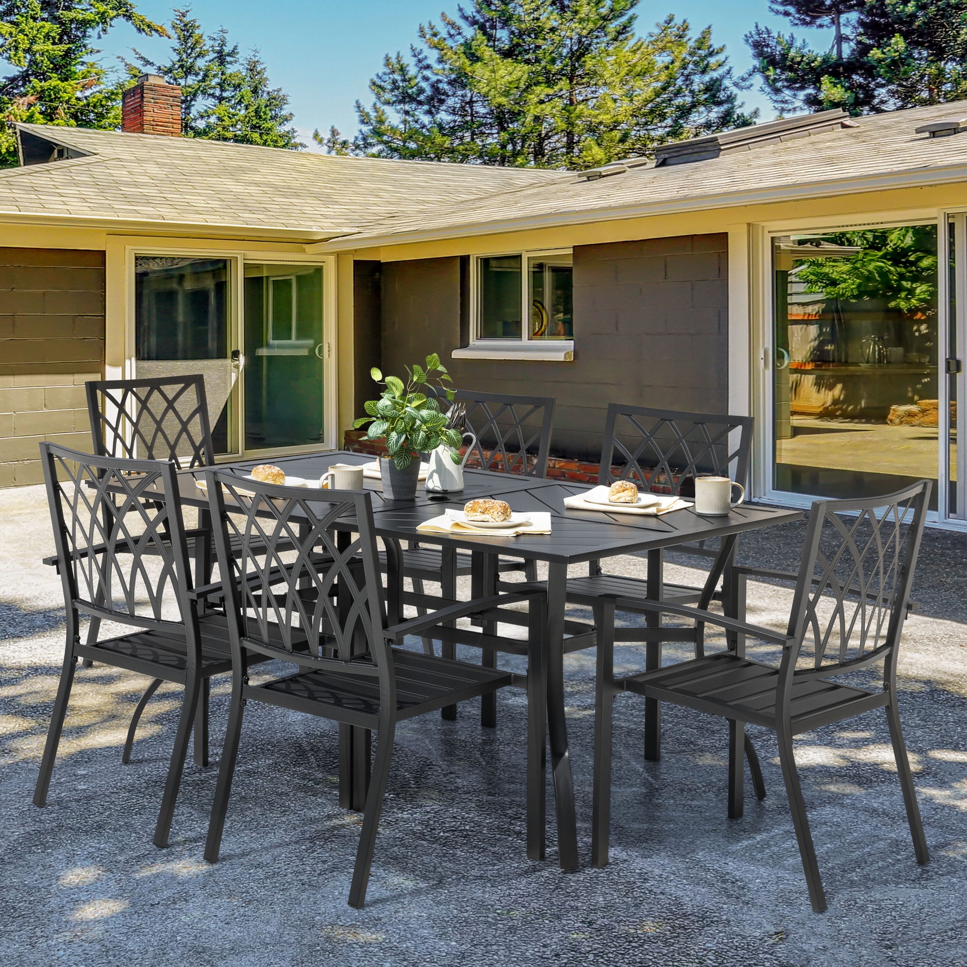 Nuu Garden Patio Dining Sets 7 -Piece Black Patio Dining Set Iron Rectangle Table with 6 Stackable Stationary Chairs