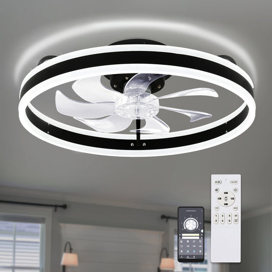 Cusp Barn DC2002 20-in Black Color-changing Indoor Flush Mount Smart Ceiling Fan with Light and Remote (7-Blade) DC2002