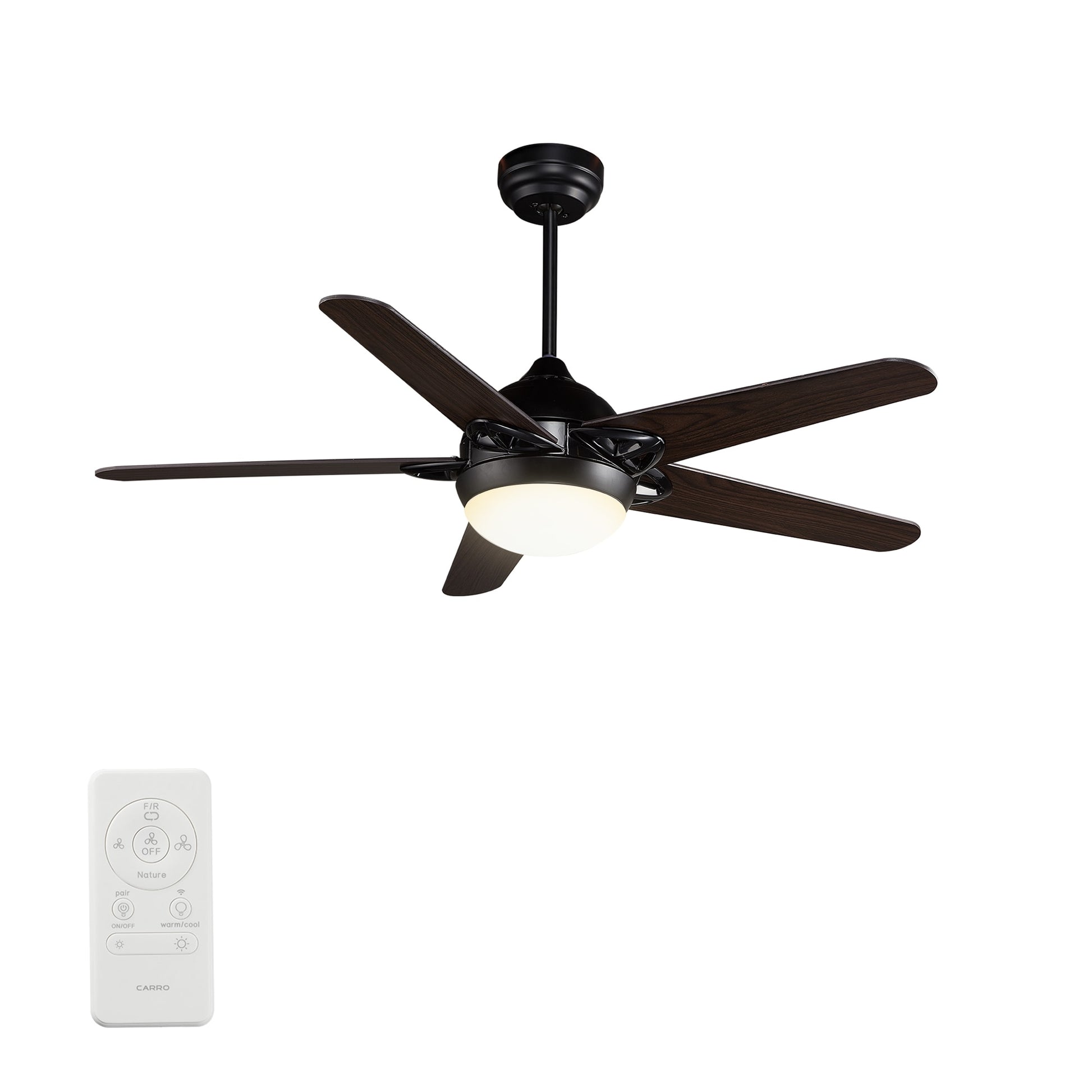 CARRO USA Sonnen 52-in Black with Walnut Blades Color-changing Indoor/Outdoor Smart Ceiling Fan with Light and Remote (5-Blade) LS525W-L12-B5-1