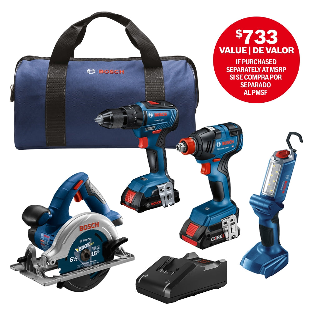 Bosch 18-volt 4-Tool Brushless Power Tool Combo Kit with Soft Case (2-Batteries Included and Charger Included) GXL18V-497B23