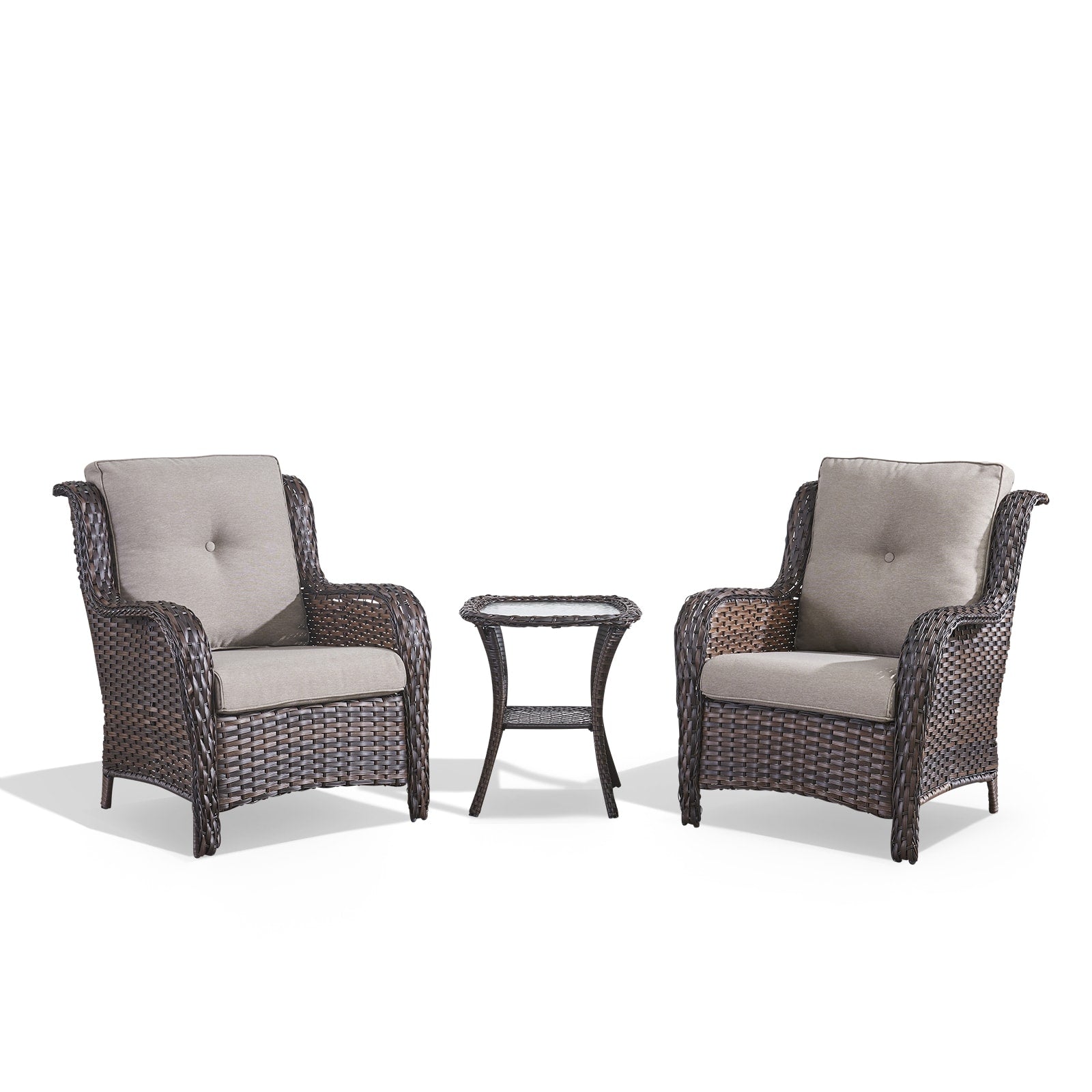 Rilyson Curved armrest Set of 2 Wicker Brown Wicker Frame Stationary Conversation Chair with Gray Gray Cushioned Seat