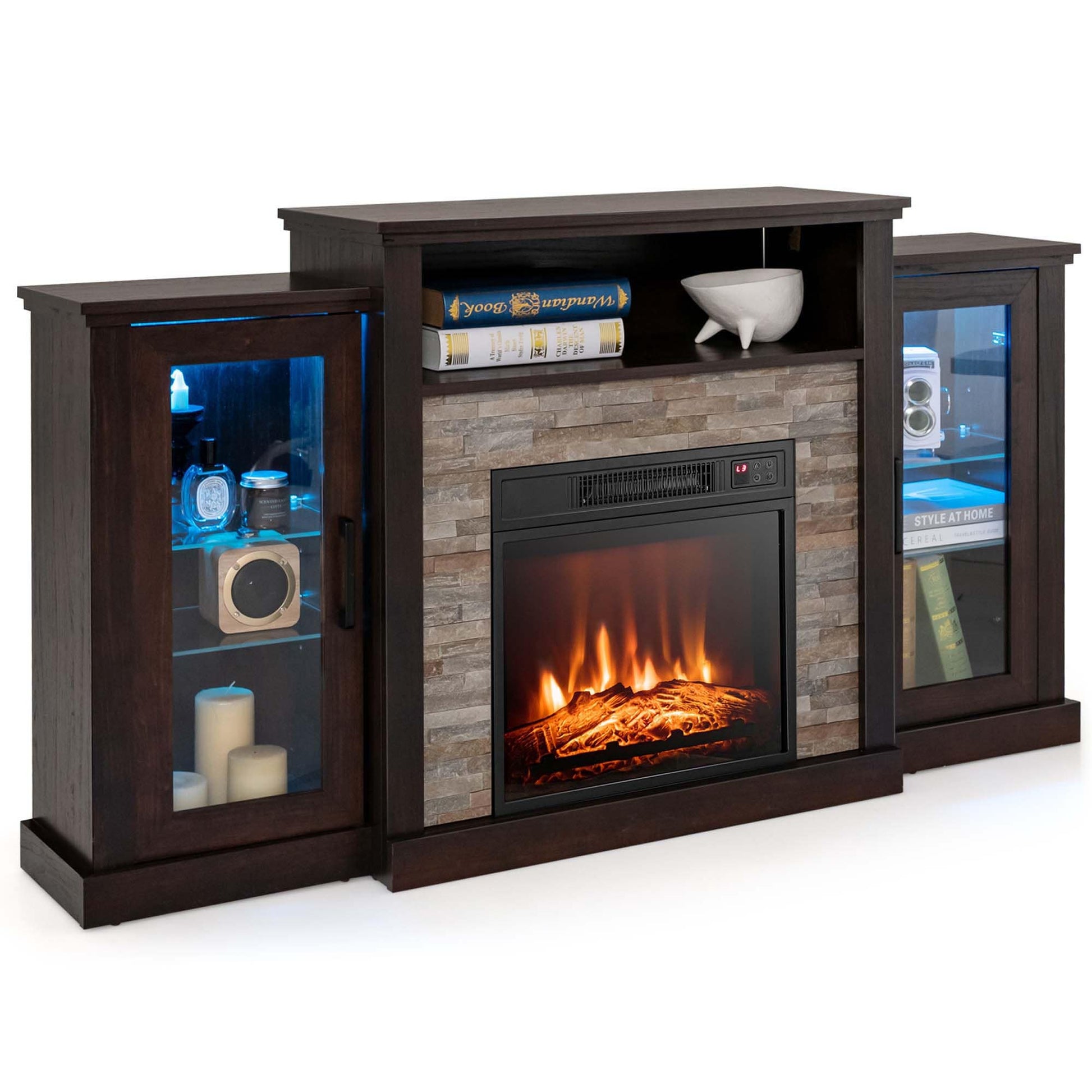 Goplus 15-in W Brown TV Stand with LED Electric Fireplace FP10181US-CF