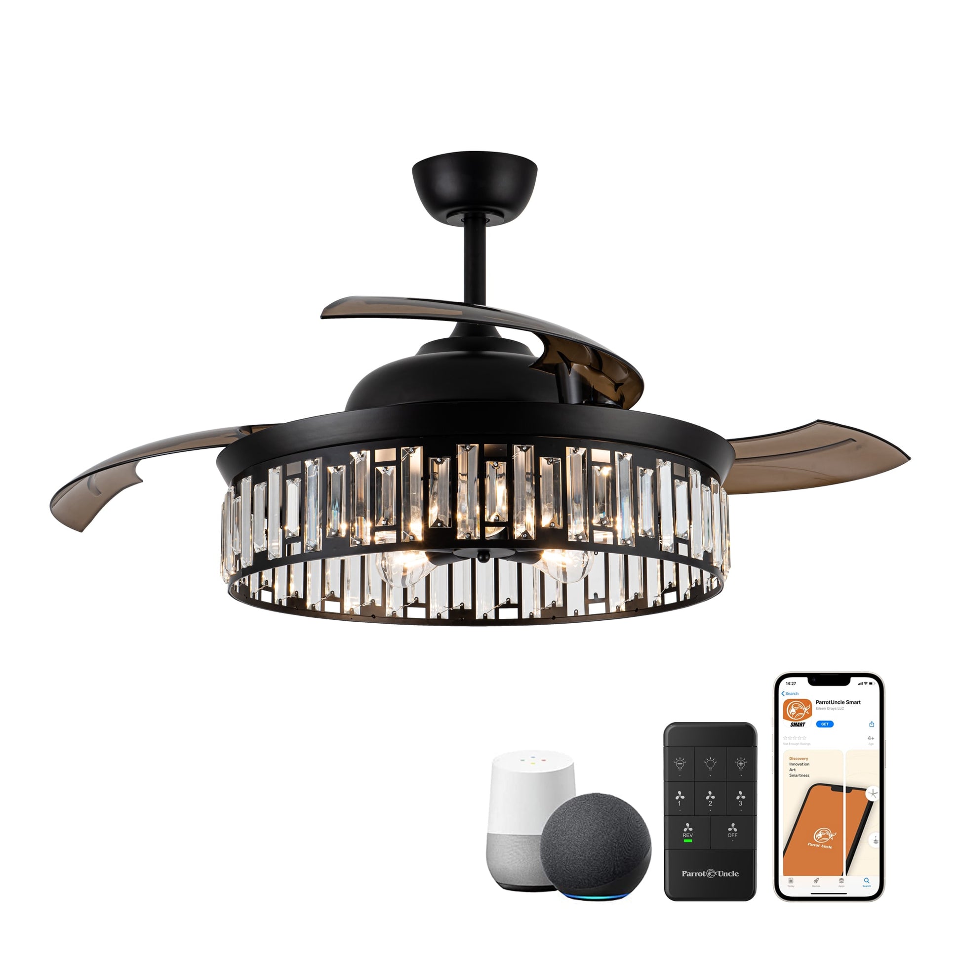 Parrot Uncle 52-in Matte Black with Brown Blades Color-changing Indoor Smart Chandelier Ceiling Fan with Light and Remote (3-Blade) F4723-SMART