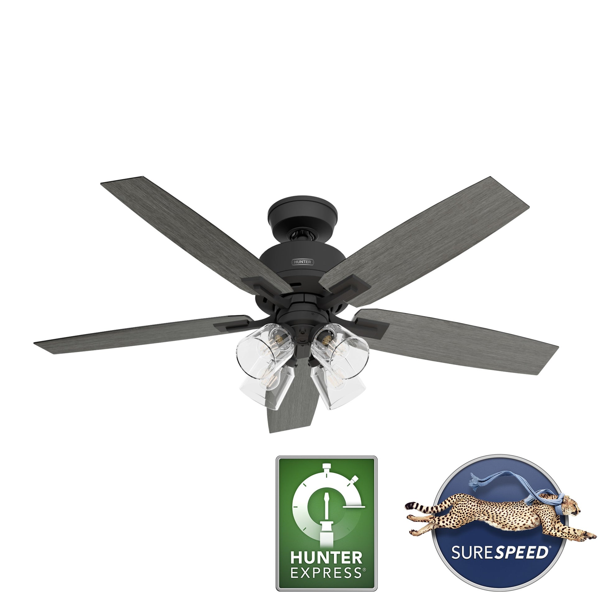 Hunter Gatlinburg Easy Install 52-in Matte Black with Dark Gray Oak Blades Ceiling Fan With Light - Remote Included ( 5 -Blade )