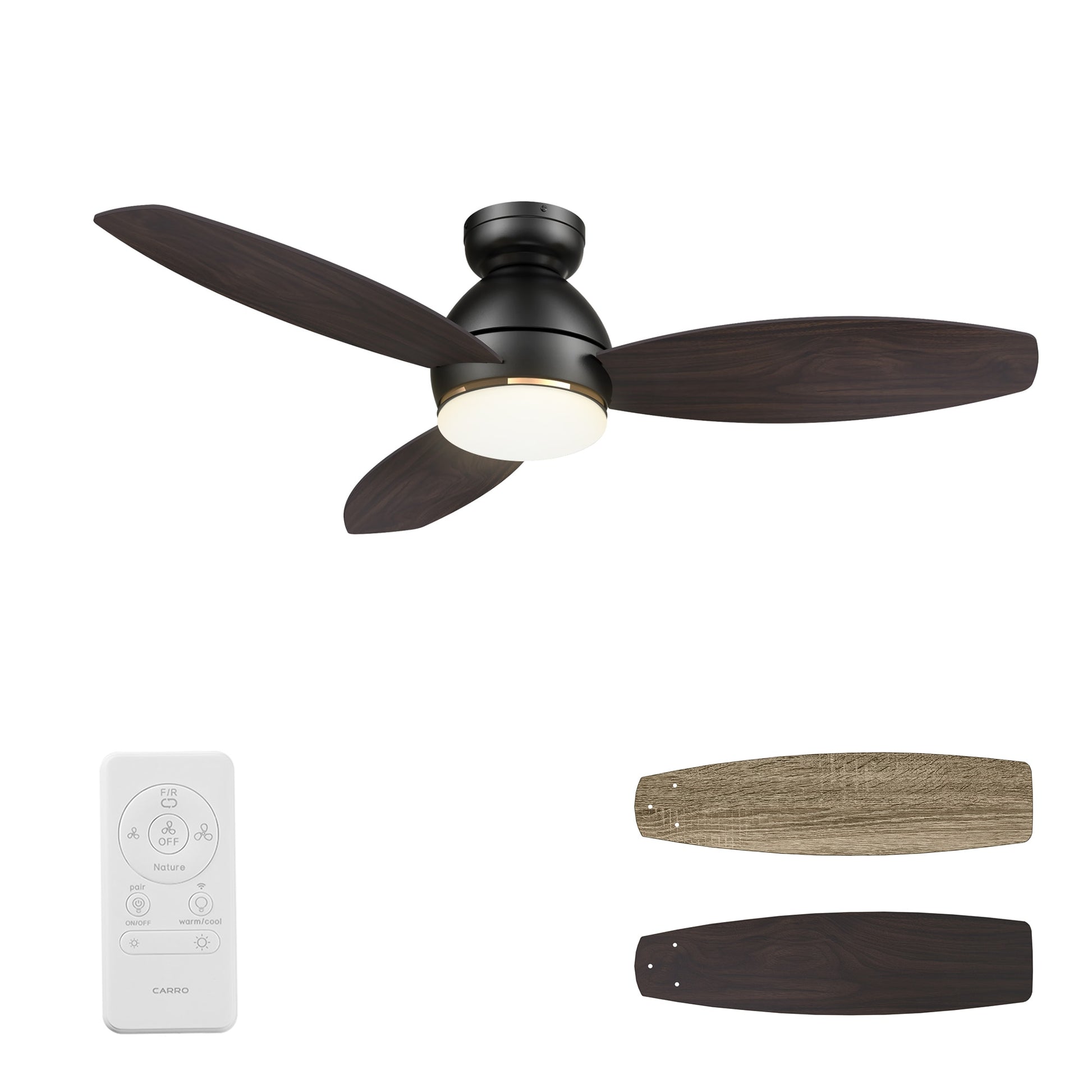 CARRO USA Bretton 48-in Black with Wooden/Walnut Blades Indoor/Outdoor Flush Mount Smart Ceiling Fan with Light and Remote (3-Blade) LS483Q6-L12-BG-1-FM